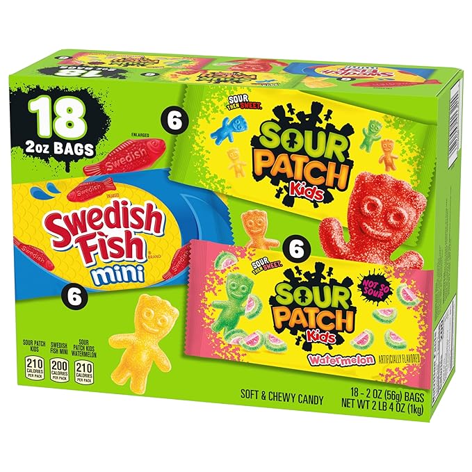 SOUR PATCH KIDS and SWEDISH FISH Mini Soft & Chewy Candy Variety Pack, Bulk Candy, 18-2 oz Bags