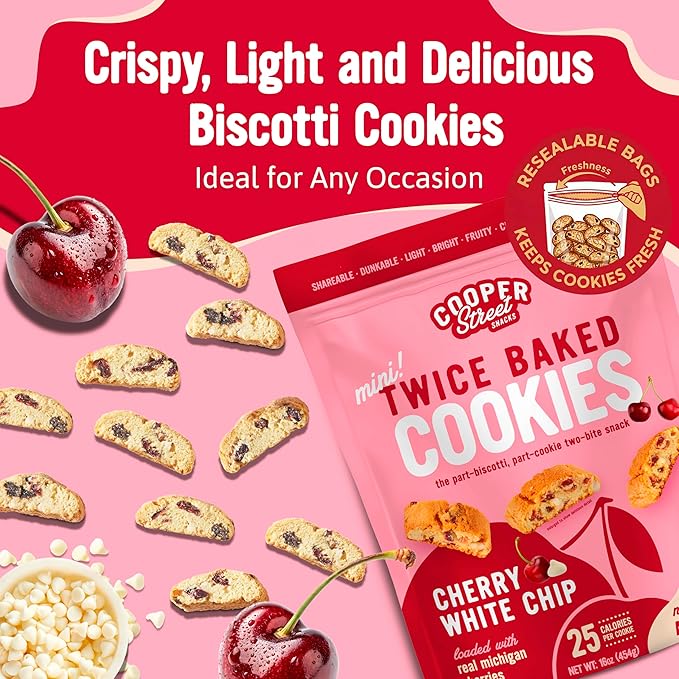 Cooper Street Twice-Baked Cherry White Chip Biscotti Cookies (16 oz Pack of 4) – Over 50 Biscotti Cookies per Bag Loaded with Real Fruit, Traditional Italian Style Snacks - Dairy, Peanut & Soy Free