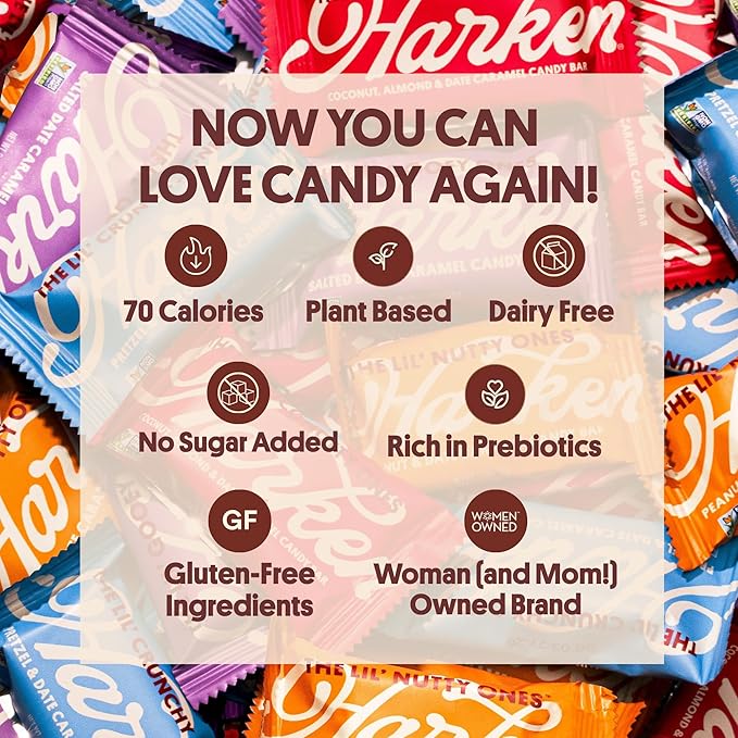 Harken Sweets The Lil’ Coconutty Ones, Mini Oat Milk Chocolate Candy Bars with Coconut, Sweetened with Dates, No Sugar Added, High Fiber Snack, Gluten-Free, Plant-Based, 6 Pouches (30 Bars)