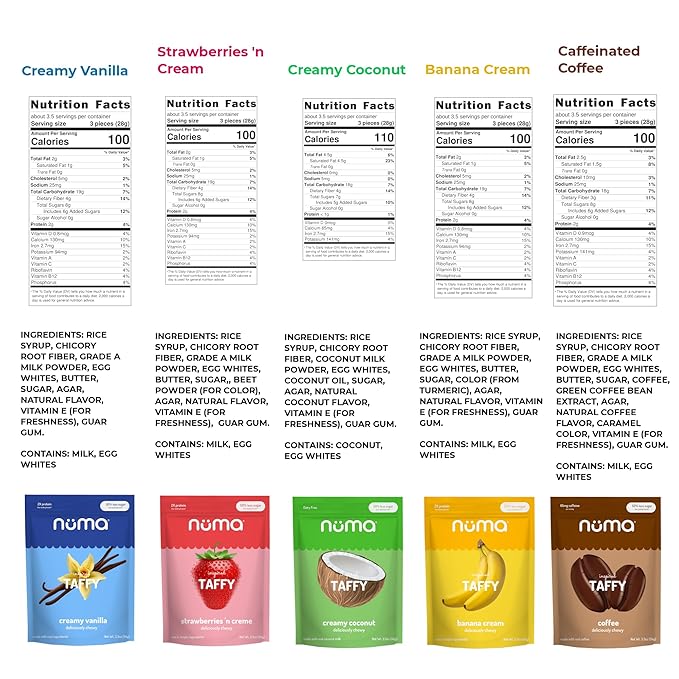 Numa Foods Assorted Nutritious Taffy Candy - 1.45 lb bulk, High Protein, Low sugar - 4 Flavor Chewy and Creamy Variety, All Natural, Individually Wrapped