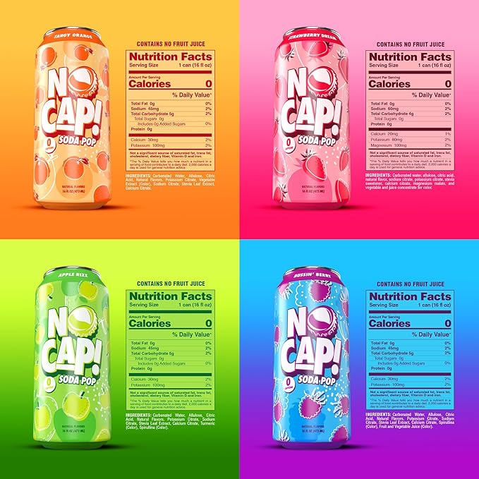 NO CAP! Next Gen Soda Pop with Zero Sugar, Zero Calories and Electrolytes for Hydration, Naturally Flavored Caffeine-Free Soda, Vegan & Gluten-Free, 16 oz Cans (Variety Pack)