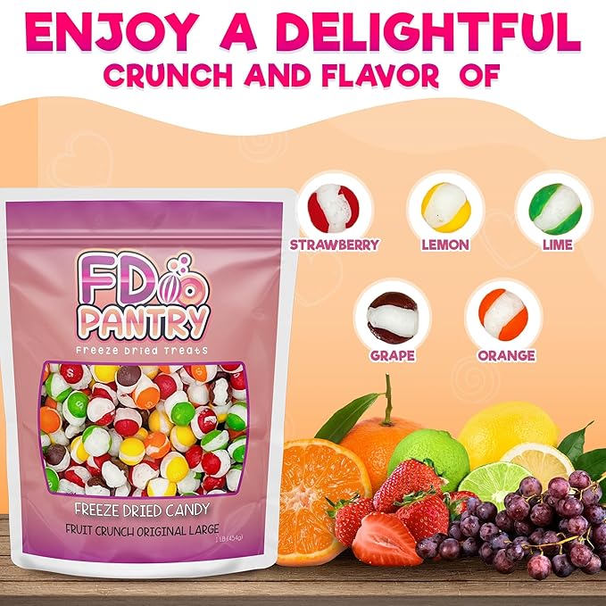 Fruit Crunch Original Freeze Dried Candy 1lb - Assortment of Strawberry, Orange, Lemon, Grape,and Lime Candy Freeze Dried Flavors, Freeze Dried Candies Large 16 oz 1 pount bag - Ideal Gift Snack 16oz