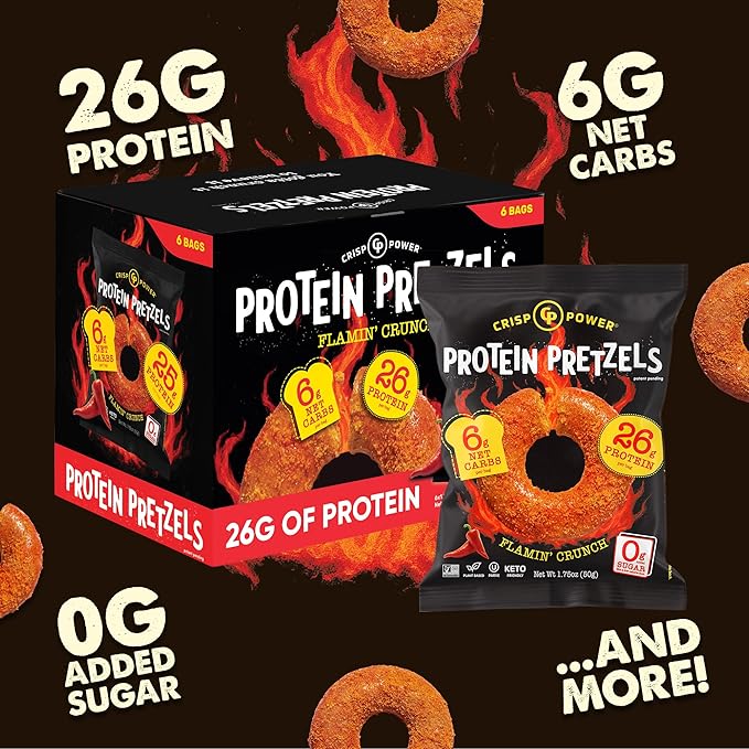 Crisp Power Protein Pretzels, NEW Flamin' Crunch, High Protein Snack, 25G Protein, Low Carb Crunchy Pretzel Snacks, No Added Sugar, 1.75 oz Bags, 6 Pack, Vegan, Plant-Based, Keto