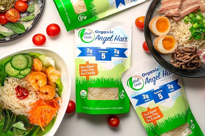 Well Lean Angel Hair — USDA Organic, Low Carb, Low Calorie Konjac Pasta — Ready to Eat and Healthy — Plant Based, Soy Free, Vegan, Paleo and Keto Friendly (6 Pack)