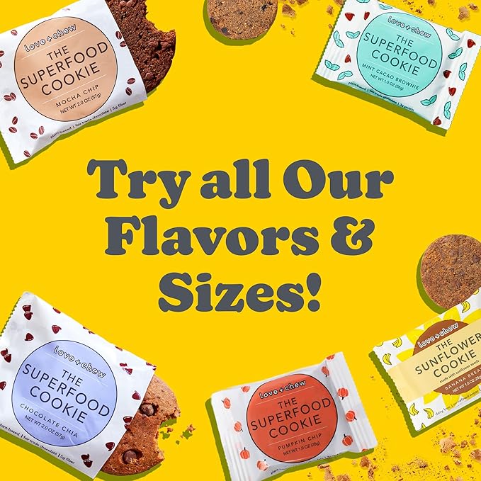 Love + Chew Superfood Soft Baked MINI Cookies, Banana Bread & Cherry Almond, Plant Based Cookie With Almonds, Fruit, & Chia Seeds for Kids & Adults, Vegan Snacks, Gluten Free, Paleo, Non GMO, 16 Pack