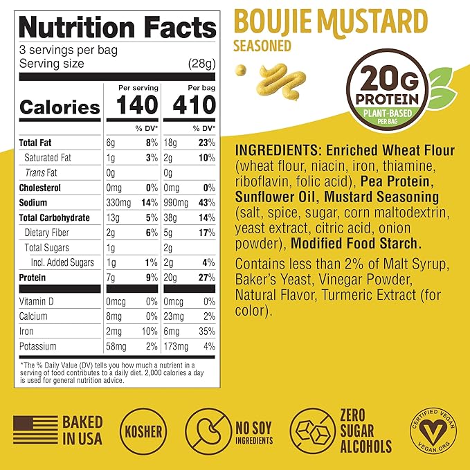 Lenny & Larry's Boujie Mustard FITZELS- Savory Pretzel Snacks Incredibly Tasty, High Protein, Salty, Vegan, 20 g's of Plant Based Protein 8 (eight) Bags, 3 oz Each