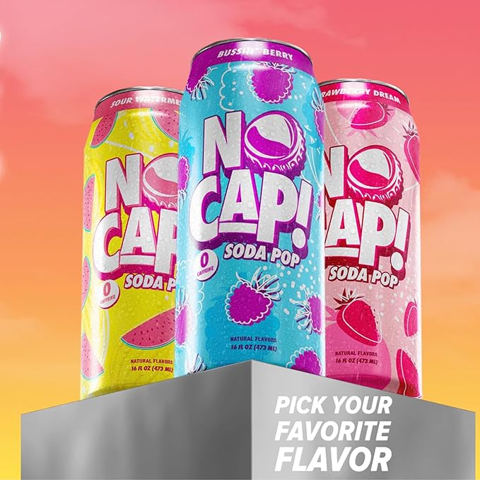 NO CAP! Next Gen Soda Pop with Zero Sugar, Zero Calories and Electrolytes for Hydration, Naturally Flavored Caffeine-Free Soda, Vegan & Gluten-Free, 16 oz Cans (Variety Pack)