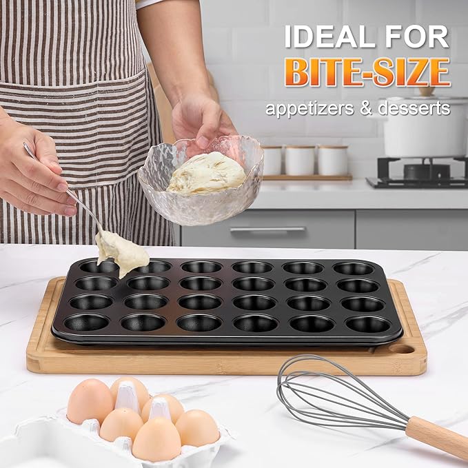 E-far 24-Cup Mini Muffin Pan - 3 Pack Nonstick Carbon Steel Cupcake Tin Tray for Little Bites & Freezer Prep | Warp-Free Bakeware Ensures Even Baking & Effortless Release, Regular Size & Oven Safe