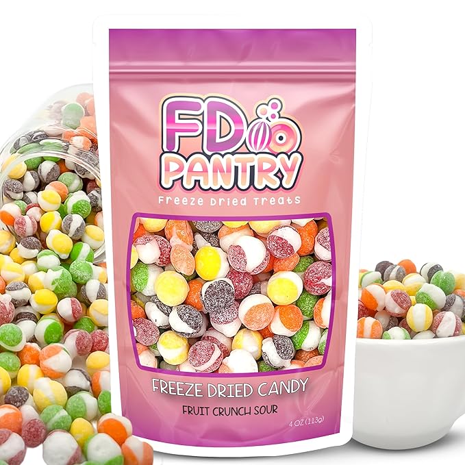 Freeze Dried Candy, Fruit Crunch Sour, 4 oz, Assorted Strawberry, Orange, Lemon, Grape, Lime Flavors, Bag Pouch, Ideal Gift Snack
