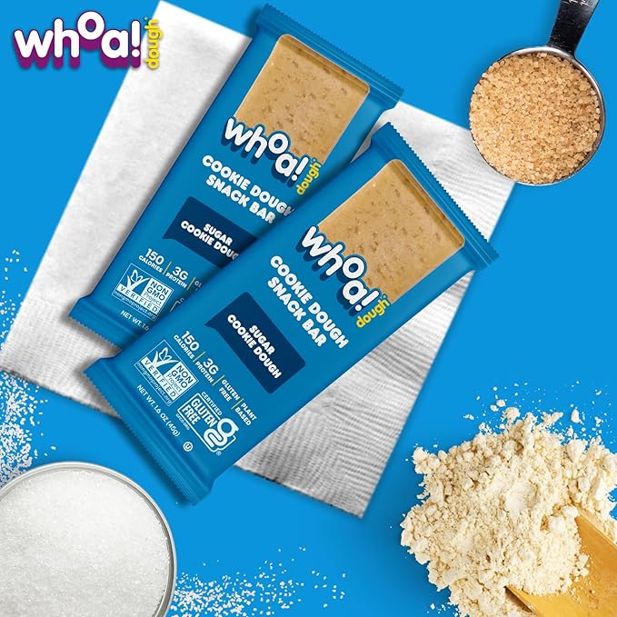 Whoa Dough Edible Cookie Dough Bars- Certified Non-GMO, Kosher and Gluten Free Bars - Healthy Snack Foods - Plant Based Snacks Made With Real Ingredients - Sugar Cookie Dough - 4 Pack