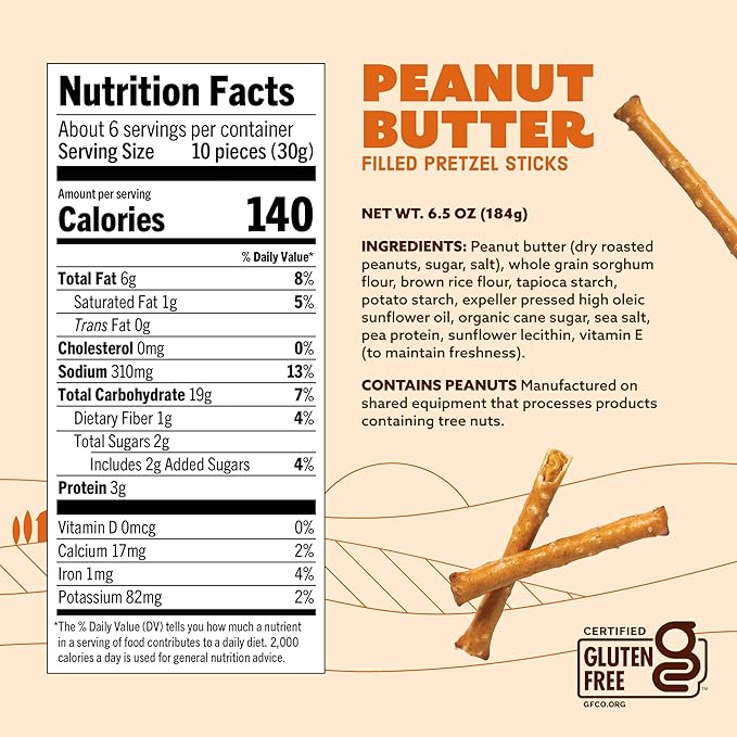 Quinn Snacks Peanut Butter Filled Pretzel Sticks - Gluten Free Snack, Salty & Crunchy, Made with Real Natural Ingredients, Peanuts, Sorghum, & Root Vegetables, Dairy Free, Vegan - 6.5 oz (Pack of 4)