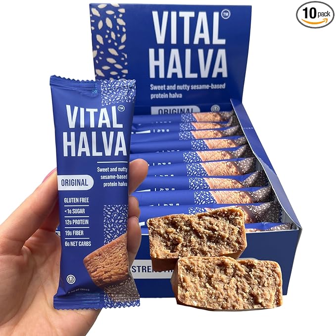 Vital Halva Vegan Sesame Snack Bar, Original, Gluten Free, Dairy Free, Soy Free, Low Sugar, No Added Sugar, 12G Protein, 19G Fiber, 6G Net Carbs, Breakfast, Travel, 10ct