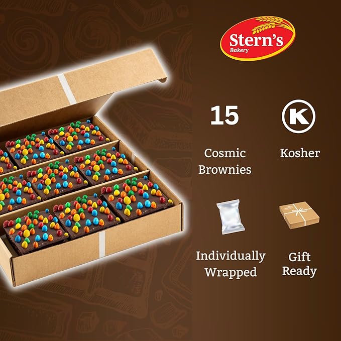 Brownies Gift Basket | Chocolate Brownies Individually Wrapped [9 Count] Topped with Rainbow Candy Chips | Birthday Snacks | Food Gifts for Men, Women | Kosher, Dairy & Nut Free | Stern’s Bakery