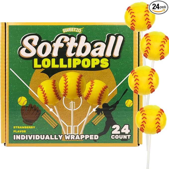 Softball Shaped Lollipops, Individually Wrapped Candy Suckers, Perfect Team Party Treats, Strawberry Flavored, 24 Count