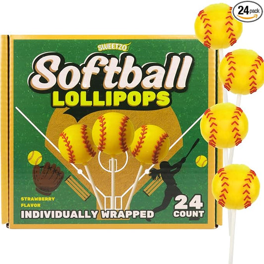 Softball Shaped Lollipops, Individually Wrapped Candy Suckers, Perfect Team Party Treats, Strawberry Flavored, 24 Count