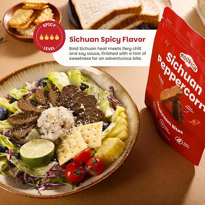 Mourish Vegan Mushroom Bites, Sichuan Peppercorn, 1 Pack (2 oz), Good Source of Protein and Fiber, Plant Based Meat Jerky, Spicy Flavor, Meatless Healthy Snacks for Hiking, Work, Travel & School