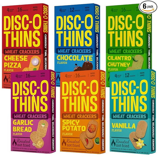 Disc-O Thins Whole Wheat Crackers - Crunchy Roasted Snack, High-Fiber & Low-Fat On-the-go Snack Chips, 88pcs (Variety Pack of 6) - Healthy Travel Snack, Non-GMO - Great with Dips, Salsa or Tea & Coffee