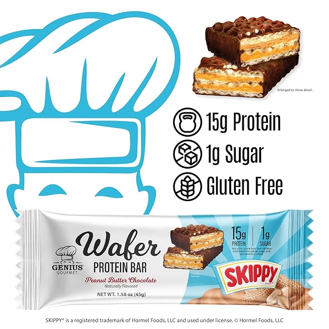 Genius Gourmet SKIPPY® Peanut Butter Chocolate Flavored Wafer Protein Bars,15g Protein per serving (30% DV), 1g Sugar, Chocolatey Snack Bar – 10 Count
