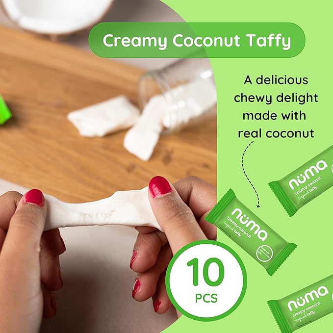 Numa Foods Creamy Coconut Taffy Candy – Dairy Free, Low Sugar Candy - Low Calorie & Natural Chewy Snack with Real MCT-Rich Coconut Milk, Gluten Free – 3 Bags with 10 Individually Wrapped Chews Each