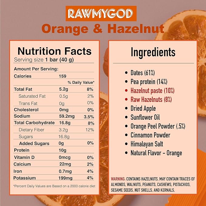 RAWMYGOD Fruit and Nut Bars, Gluten Free, Vegan, No Added Sugar (16 bars, Protein Pack - 4 Orange & Hazelnut, 4 Fruit & Nut, 4 Chia & Choco, 4 Peanut & Cacao)