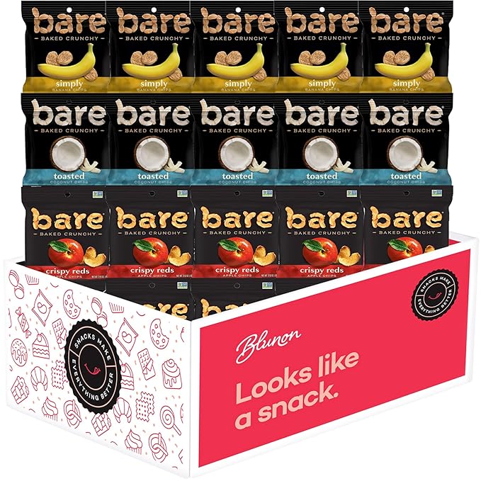 Bare Chips Variety Pack - Assortment of Apple Chips, Banana Chips and Coconut Chips Snack Size - Care Package Gift Box (18 Count)