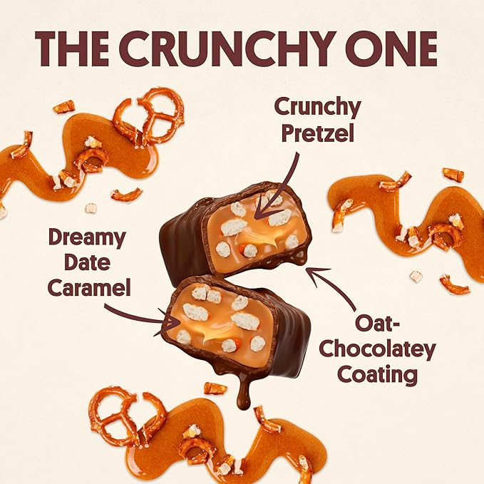 Harken Sweets The Crunchy Pretzely One - Oat Milk Chocolate Candy Bars with Pretzels and Date Caramel, Sweetened with Dates and No Sugar Added, High Fiber, Nut-Free, Gluten-Free, Plant-Based, 12 Bars