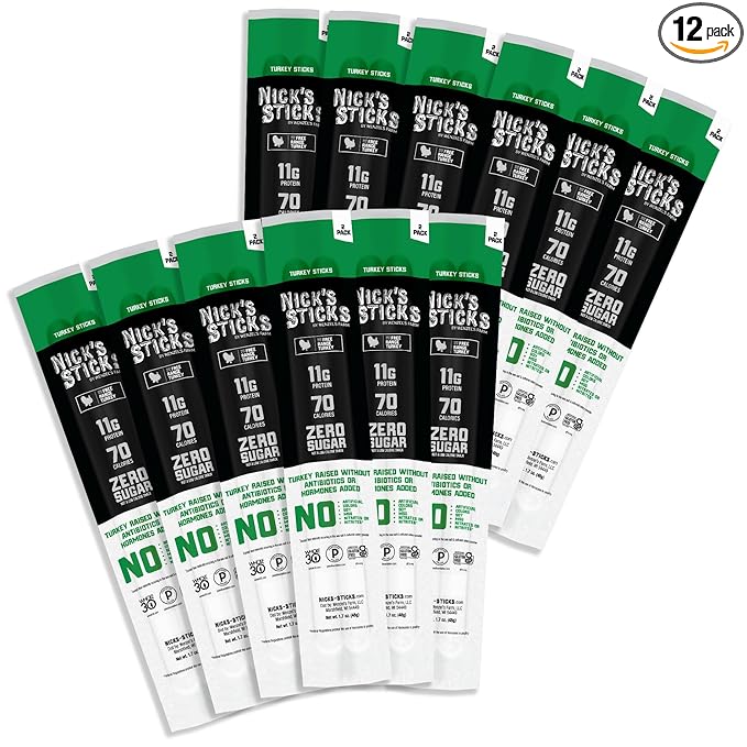 Nick's Sticks Clean & Balanced Free Range Turkey Snack Sticks | Made in the USA | Gluten Free | Paleo, Keto, Whole30 Approved | No Soy, Antibiotics or Hormones (12 – 1.7oz. Packs of 2 Sticks)