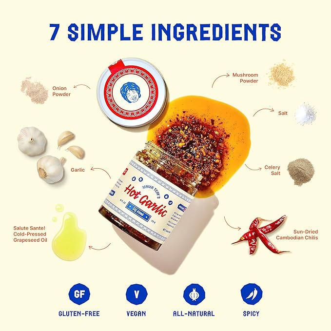 Mama Teav's Hot Garlic Chili Crisp - Spicy, Crunchy, Umami Chili Oil with Garlic & Cambodian Chilis - Vegan, Gluten-Free, All-Natural - Cold-Pressed Grapeseed Oil - 6oz Jar