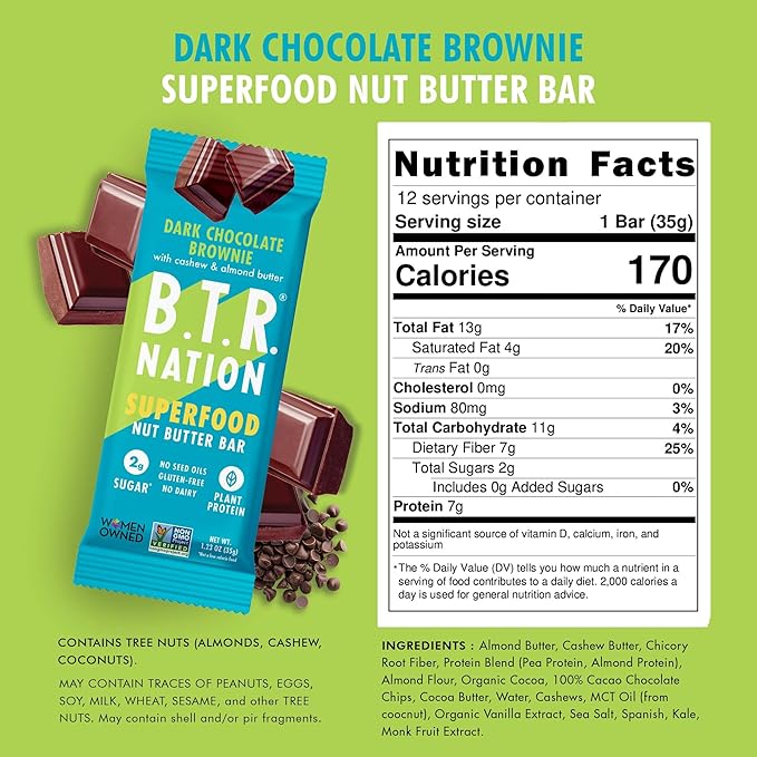 B.T.R Nation Keto Superfood Protein Bars, Plant Based Vegan - Brownie RECHARGE | 12 Bars | Low Carb and Gluten Free, Free of Sugar Alcohols and Boosted with Powerful Superfoods