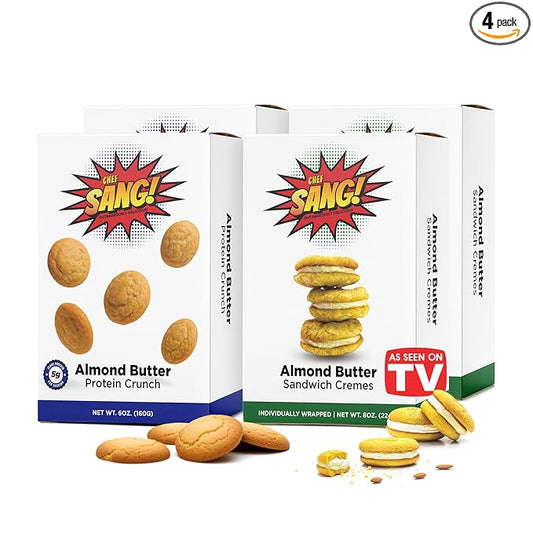 CHEF SANG! Sweet Treats Cookie Variety Pack Pack | No Artificial Flavors or Preservatives | High Protein Almond Butter Cookies & Creamy Sandwich Cookies | Non-GMO | Pack of 4