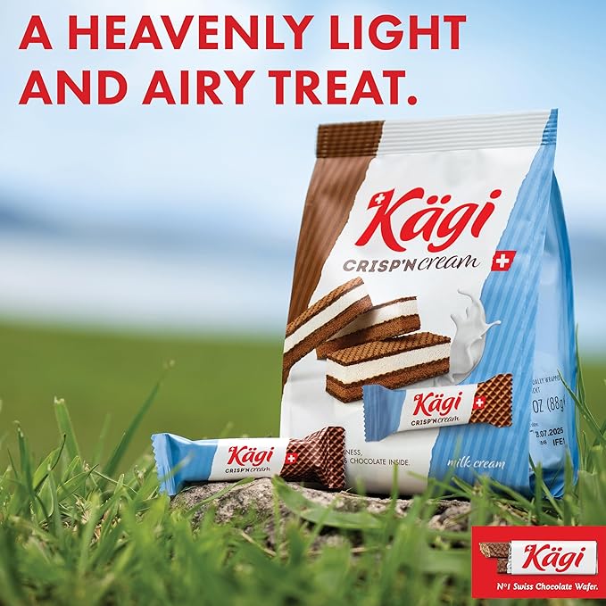 Swiss Milk Chocolate Mousse Filled Wafers by Kägi, Individually Wrapped Snacks, Chocolate Gift, Kägi Crisp'n Cream, Variety Pack, Milk Cream and Choco Cream, 2-Pack, 88g Bags