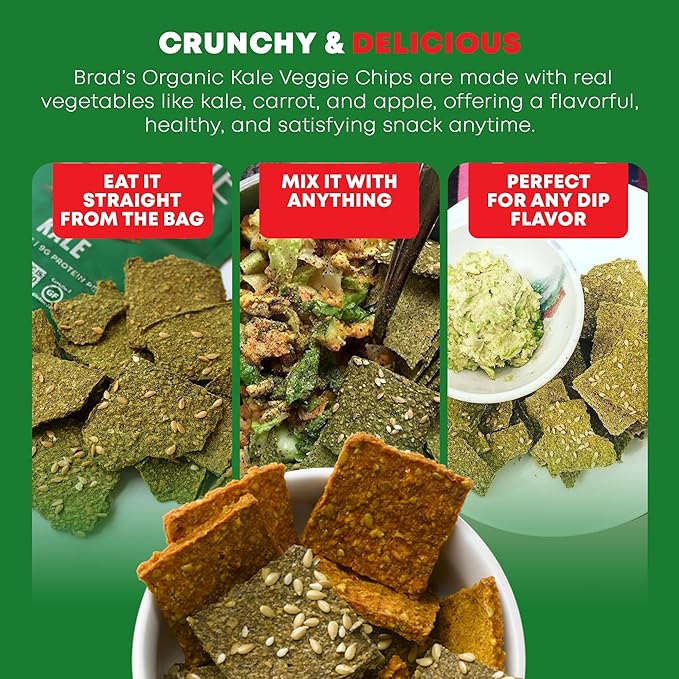 Brad’s Plant-Based - Organic Veggie Kale Chips - Healthy Snacks Delicious - High Protein & High Fiber Snacks - Low Carb - Organic Veggie On-the-Go Kale Chips - 3 Oz (Pack of 5)