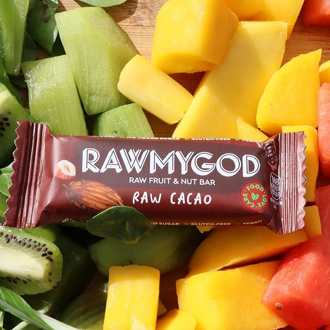 RAWMYGOD Fruit and Nut Bars, Gluten Free, Vegan, No Added Sugar (16 bars, Raw Cacao)