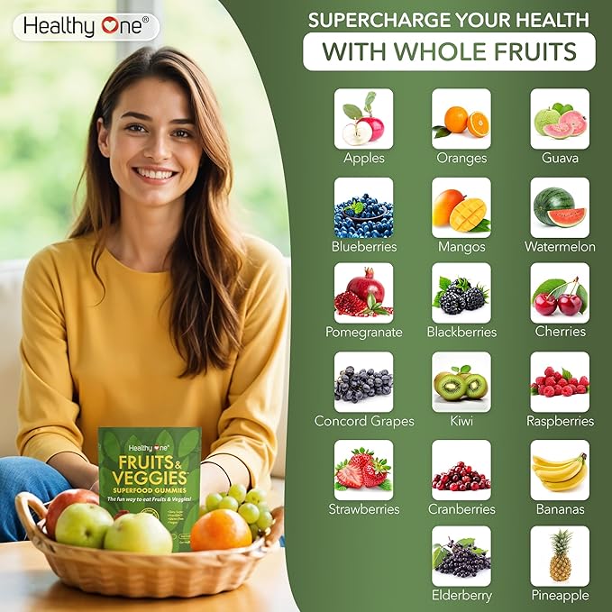 Fruits & Veggies Sugar-Free Gummies - 27 Whole Foods - Equals 3 Servings of Fruits & Vegetables - Improve Energy, Focus & Immune Function - Fiber - Antioxidants - Organic Ingredients - 28 Packets