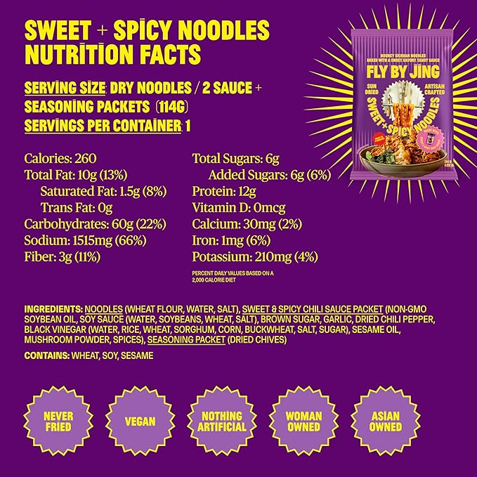 FLYBYJING Sweet & Spicy Noodles - Sun-Dried, Wavy, Bouncy Asian Instant Noodles with Sichuan Chili Sauce - Ready in 6 Minutes - Vegan, High Protein, No MSG, 4.02 oz (Pack of 6)