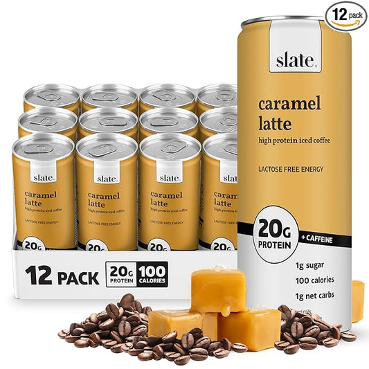 Slate Milk - High Protein Iced Coffee - Caramel Latte - 175mg Caffeine, Lactose Free Energy - 20g Protein, 1g Sugar, 100 Calories, 1g Net Carbs, No Sugar Added - Protein Coffee - 11 fl oz, 12 Cans