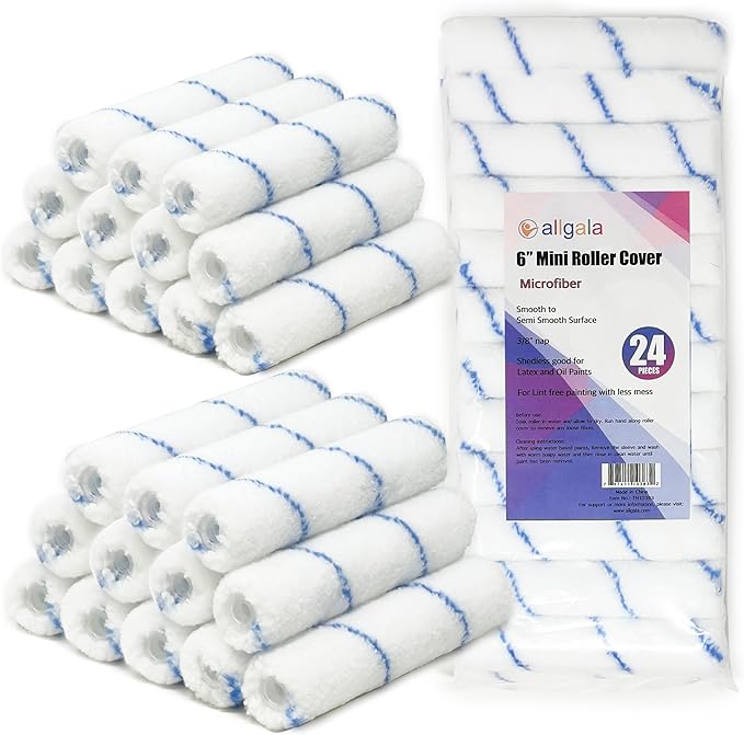 Allgala Mini Paint Roller 6" Mini 3/8" Nap Shedless Microfiber Roller Cover for Door Trim Furniture Cabinets - 24 Pack