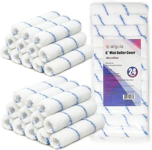 Allgala Mini Paint Roller 6" Mini 3/8" Nap Shedless Microfiber Roller Cover for Door Trim Furniture Cabinets - 24 Pack