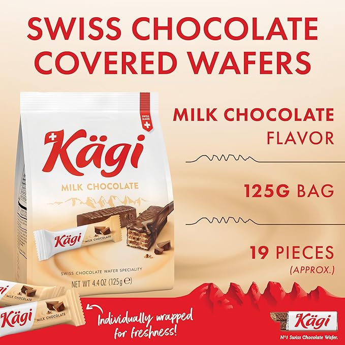 Swiss Milk Chocolate Covered Mini Wafers by Kägi, Crispy Coated Sweet Snacks, Premium Individually Wrapped Treats, Chocolate, Classic Kägi, 125g Bags