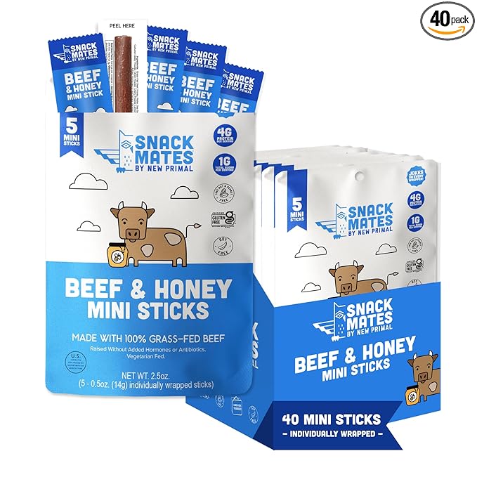 New Primal Snack Mates Beef & Honey Sticks, Healthy Snacks for Kids, Low Sugar High Protein Back to School Snacks, Gluten Free, Mini Jerky Meat Stick, 4g Protein, 50 Calories, 40 Pack