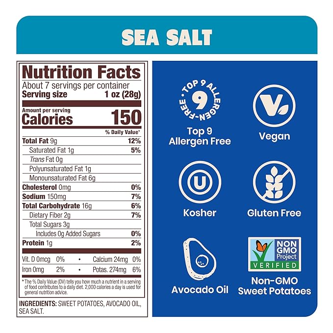 Jackson’s Wavy Sweet Potato Kettle Chips - with Sea Salt made with Premium Avocado Oil (7oz, Pack of 6) - Allergen-friendly, Gluten Free, Peanut Free, Vegan, Paleo Friendly - Shark Tank Product