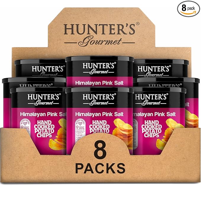 Hunter's Gourmet Hand-Cut Chips | Free from Preservatives & Artificial Colors | Cholesterol-Free | Himalayan Pink Salt Crisps | Great for Special Occasions | Non-GMO | Pack of 8 | 40g