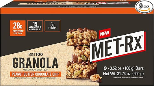 MET-Rx Big 100 Granola Protein Bar, Meal Replacement Bar, 32G Protein,Peanut Butter Chocolate Chip, Pack of 9