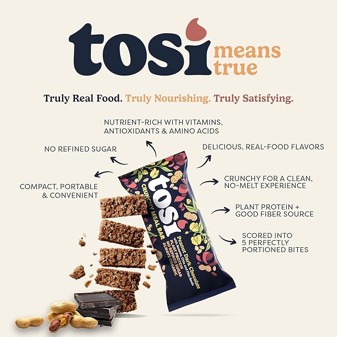 Tosi Meal Nut Bars, Peanut Dark Chocolate, Healthy Snacks for Adults & Kids, Crunchy Plant Based Protein Bar (16G), Keto Snacks, Vegan, Gluten & Soy Free, Low Sugar, Omega 3s, 2.4oz, 12-Pack