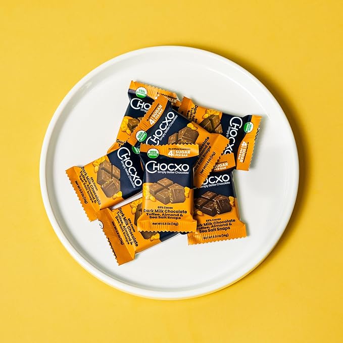 Chocxo Dark Milk Chocolate Toffee, Almond & Sea Salt Snaps - Lower Sugar, 69% Organic Cacao, NonGMO, Keto, Gluten Free, Kosher. No Artificial Sweeteners/Sugar Alcohols, 3.45 oz (Pack of 6)