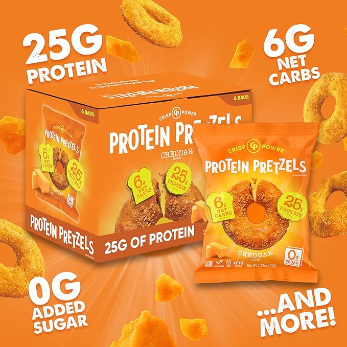 Crisp Power Protein Pretzels, NEW Cheddar, High Protein Snack, 25G Protein, Low Carb Crunchy Pretzel Snacks, No Added Sugar, 1.75 oz Bags, 6 Pack, Vegan, Plant-Based, Keto