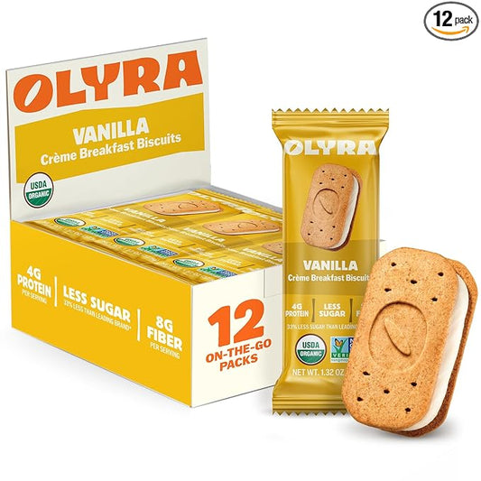 Olyra Vanilla Sandwich Breakfast Biscuits, Healthy Snacks for Adults and Kids, Low Sugar, High Fiber, Vegan Organic Cookies, with Ancient Greek Grains, USDA Certified Organic, Non GMO, 12 Packs