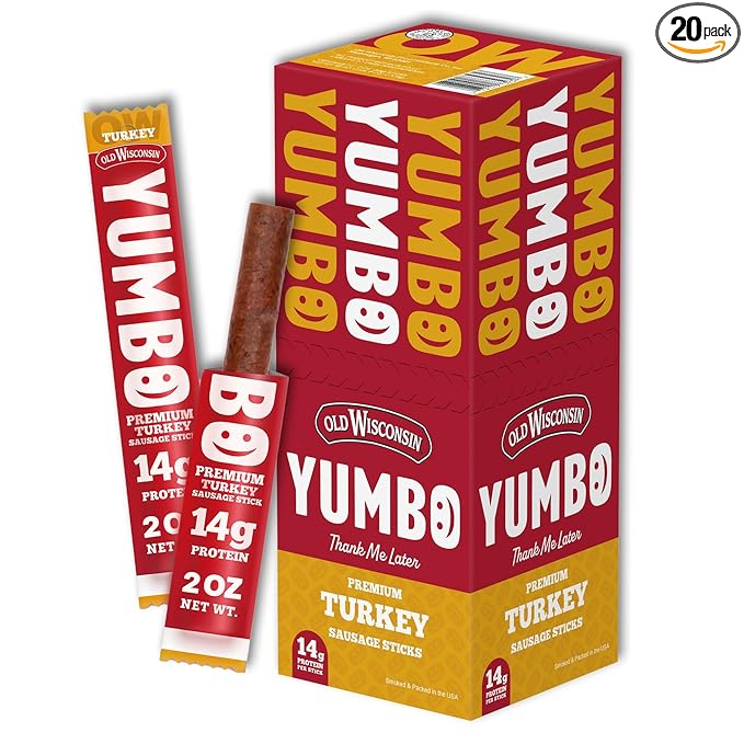 Old Wisconsin Yumbo Summer Sausage Snack Sticks, Ready to Eat, High Protein, Low Carb, Keto, Gluten Free, 20 Individually Wrapped 2oz Sticks, Turkey Flavor