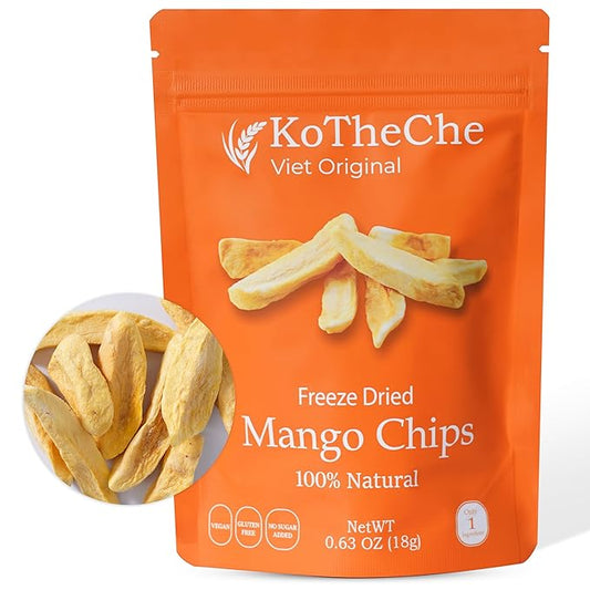 KOTHECHE Freeze Dried Mango (Pack of 4). No Sugar Added, Healthy Snack - Sweet but Low Calorie Fruit Chips - Gluten Free, Vegan Snack - Dehydrated Crispy Mango in Resealable Bag, Low Carb & Natural Superfood for Kids and Adults