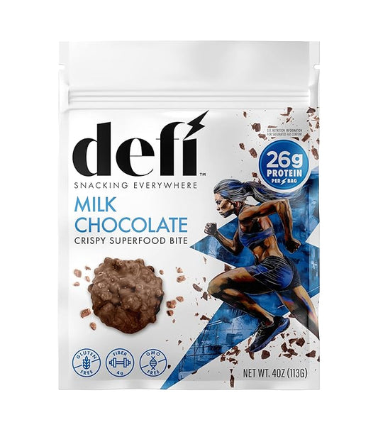 DEFI Milk Chocolate Crispy Superfood High-Protein Bites – 26g of Protein per Serving, Gluten-Free, Non-GMO, Kosher – Ideal On-the-Go Snack for Active Lifestyles